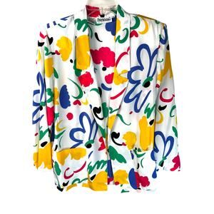 Vintage 90s Personal Blazer Size 12 Artsy Abstract Print Lightweight Silky Boxy